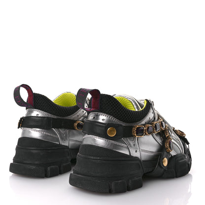 Gucci X SEGA Metallic Calfskin Mesh Removable Crystals Womens Flashtrek Sneakers 37 Silver Black 5 of 7