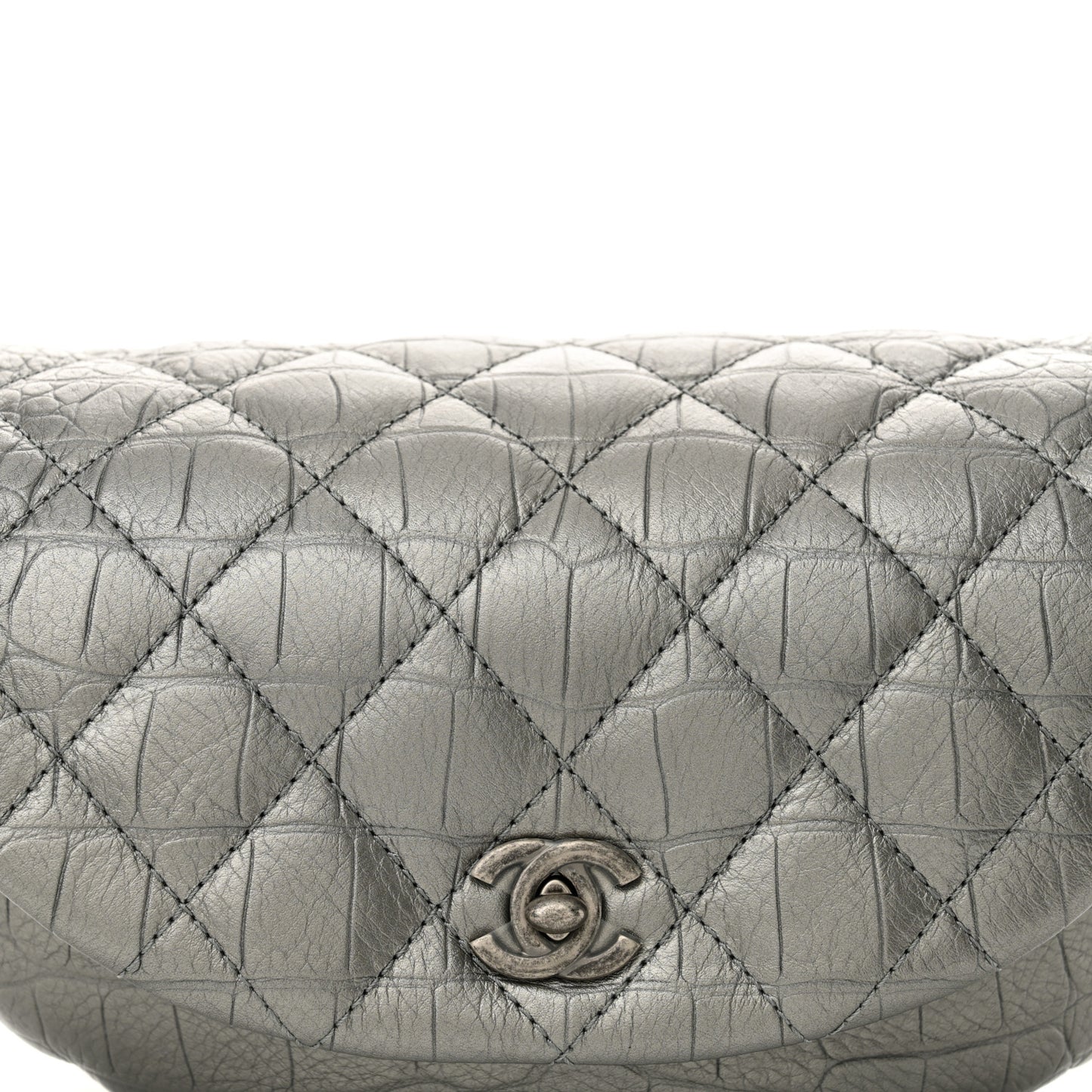Metallic Calfskin Crocodile Embossed Quilted Easy Trip Waist Bag Fanny Pack Silver
