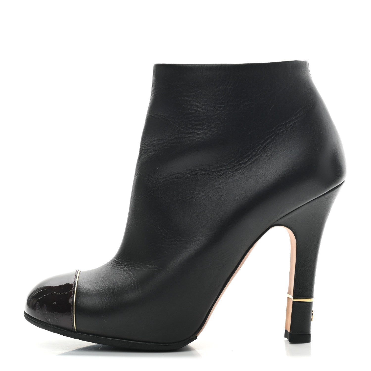 Chanel Calfskin Patent CC Cap Toe Ankle Boots 36.5 Black Burgundy 1 of 9