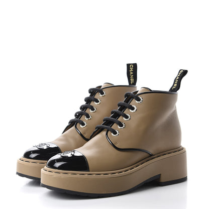 Chanel Calfskin Lace Up CC Short Boots 37 Beige Black 4 of 15