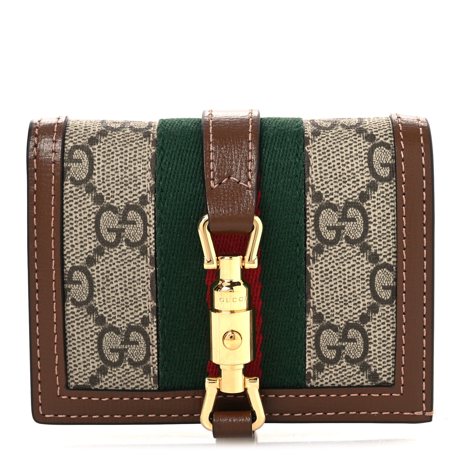 Gucci GG Supreme Monogram Textured Calfskin Web Jackie 1961 Card Case Beige Ebony Brown Sugar 1 of 8