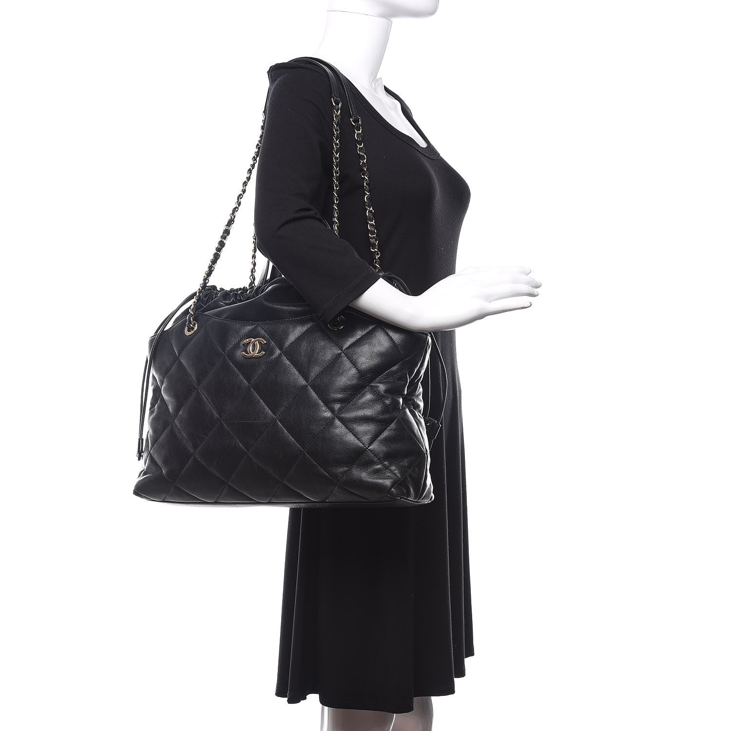 Chanel Lambskin Quilted Drawstring Shopping Bag Black 2 of 14