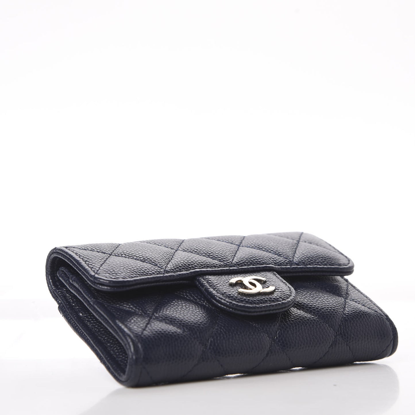 Caviar Quilted Flap Card Holder Wallet Navy Blue