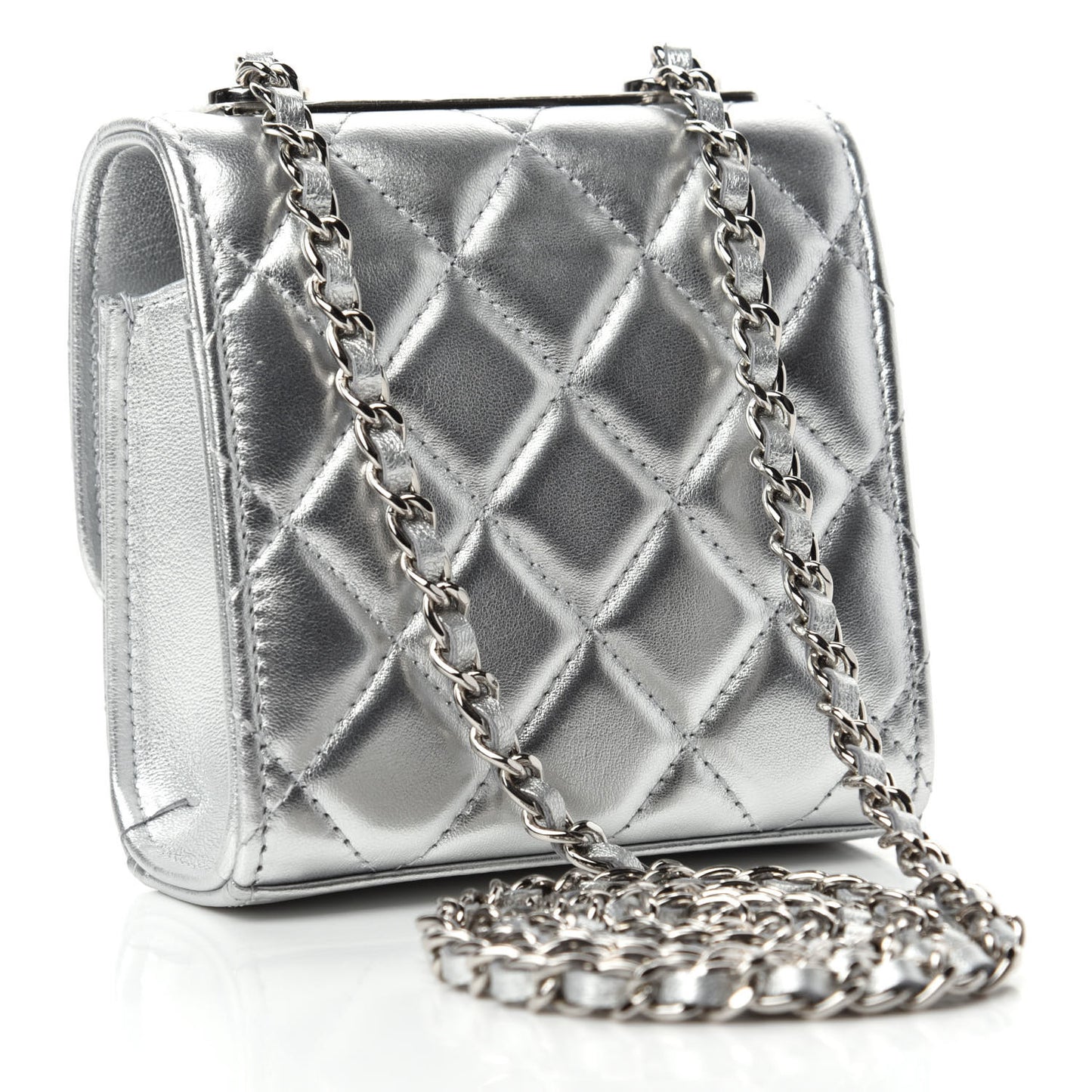 Metallic Lambskin Quilted Mini Trendy CC Clutch With Chain Silver