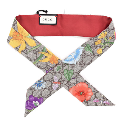 Gucci Silk Twill GG Monogram Special Flory Neck Bow Scarf Beige Red 1 of 4