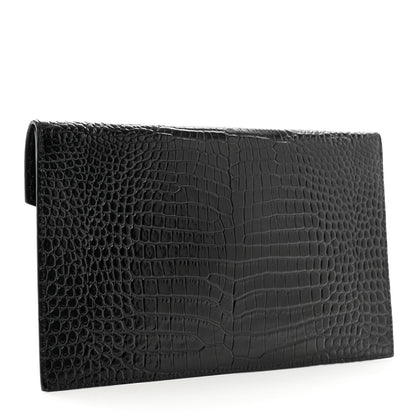 Saint Laurent Calfskin Crocodile Embossed Uptown Monogram Clutch Black 3 of 6