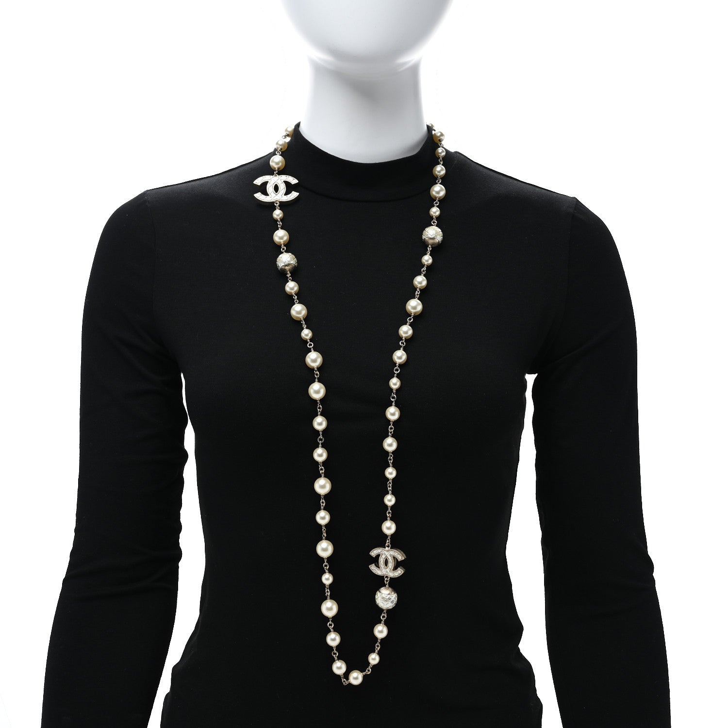 Chanel Metal Quilted Pearl CC Long Necklace Light Gold 2 of 5