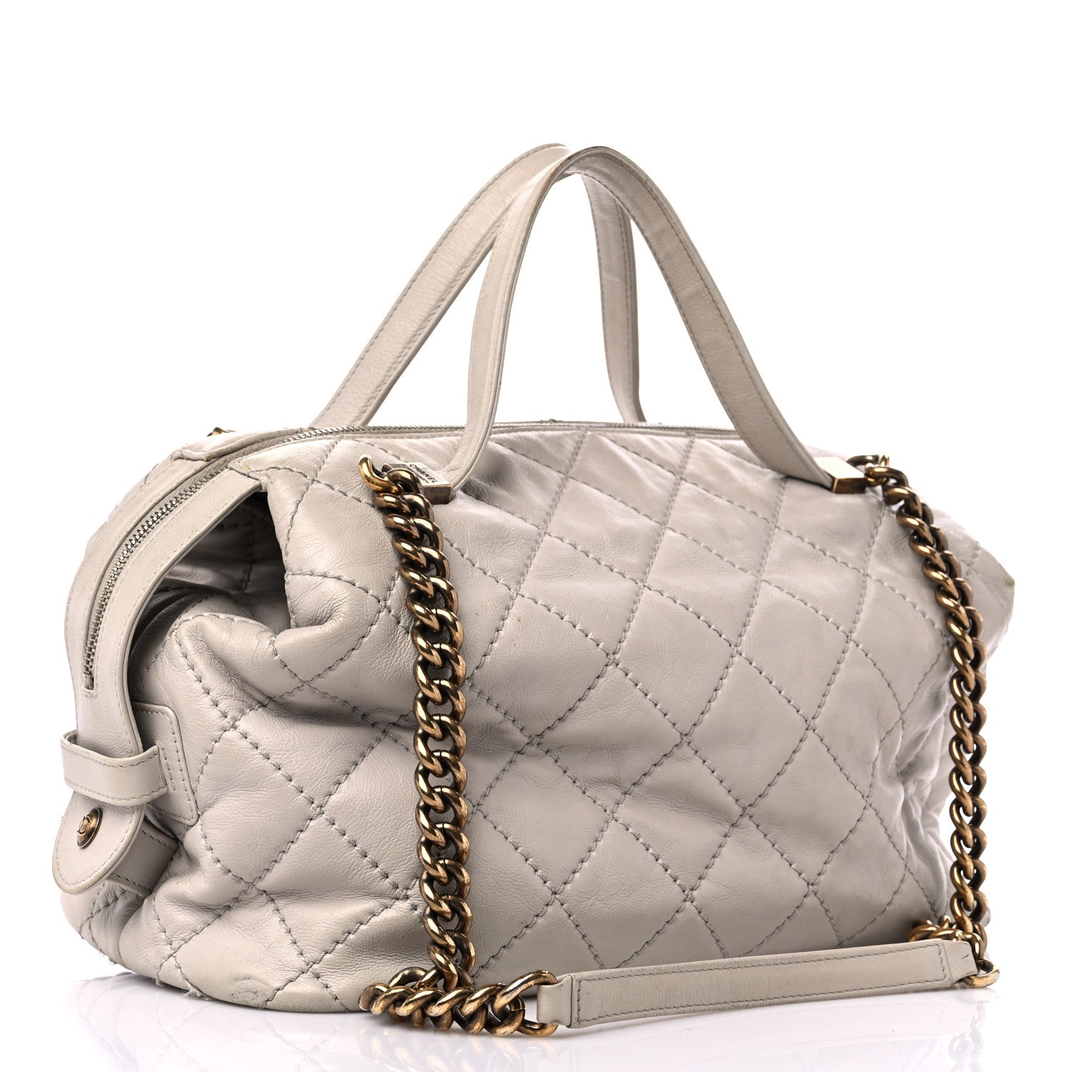 Chanel Calfskin Stitched Bowling Bag Light Grey 3 of 22