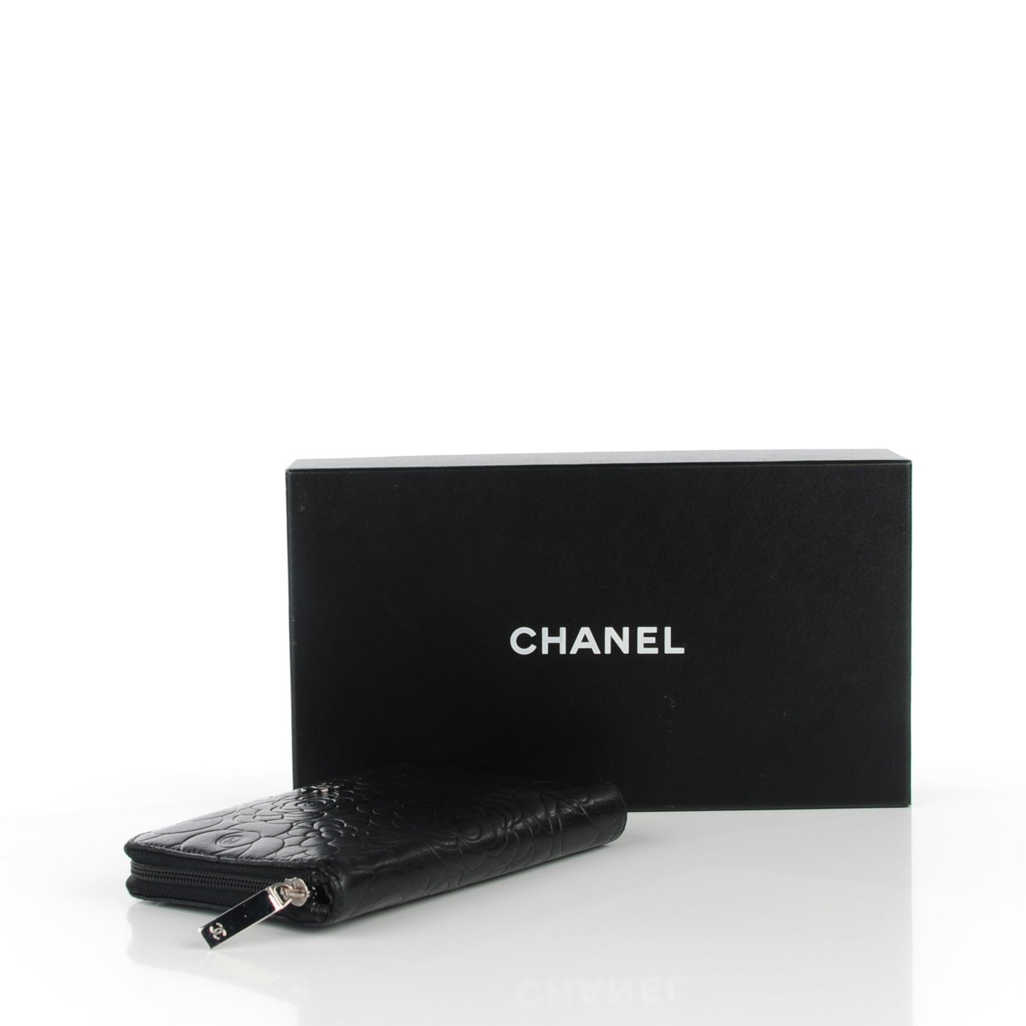 Lambskin Camellia Embossed Zip Around Organizer Wallet Black