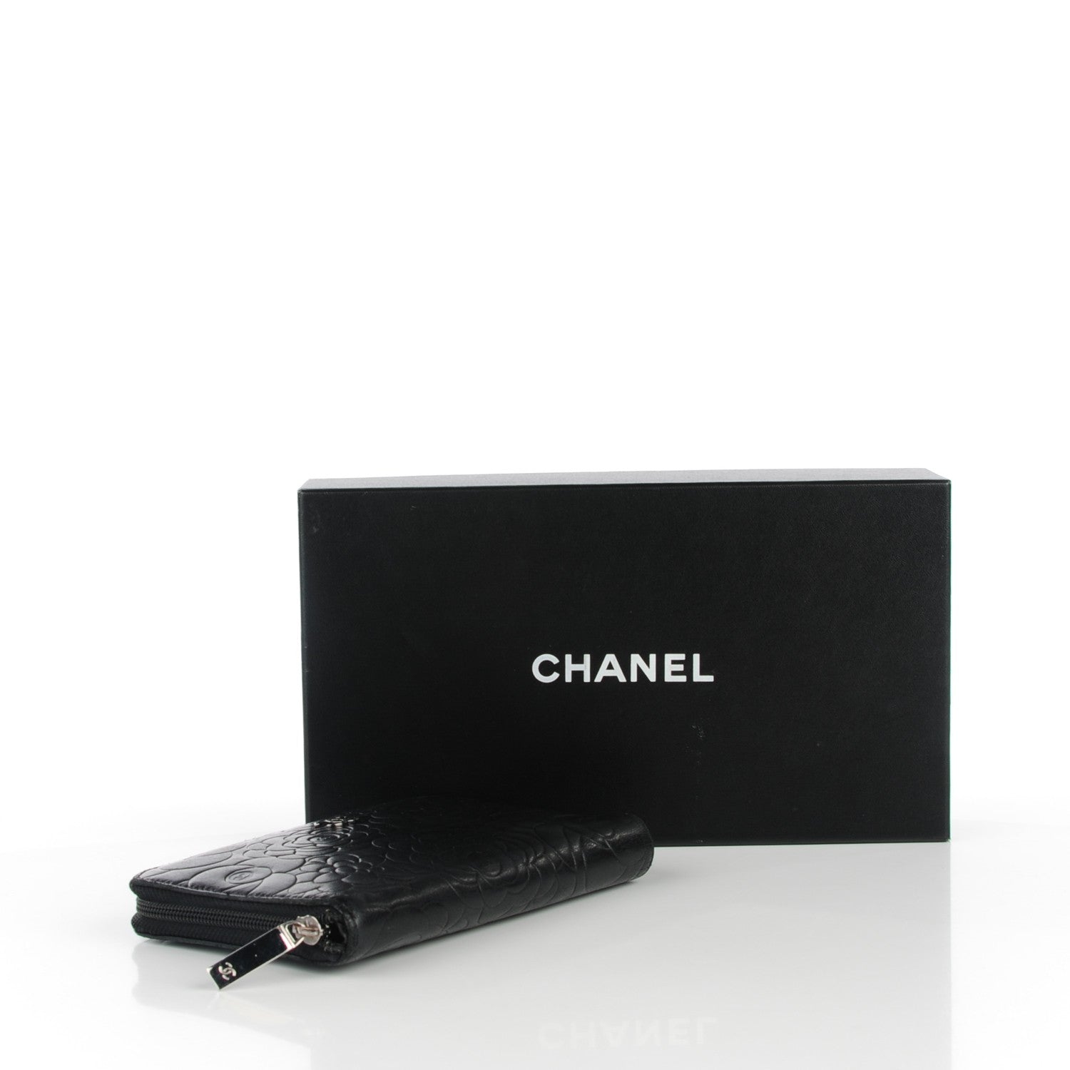 Chanel Lambskin Camellia Embossed Zip Around Organizer Wallet Black 4 of 8