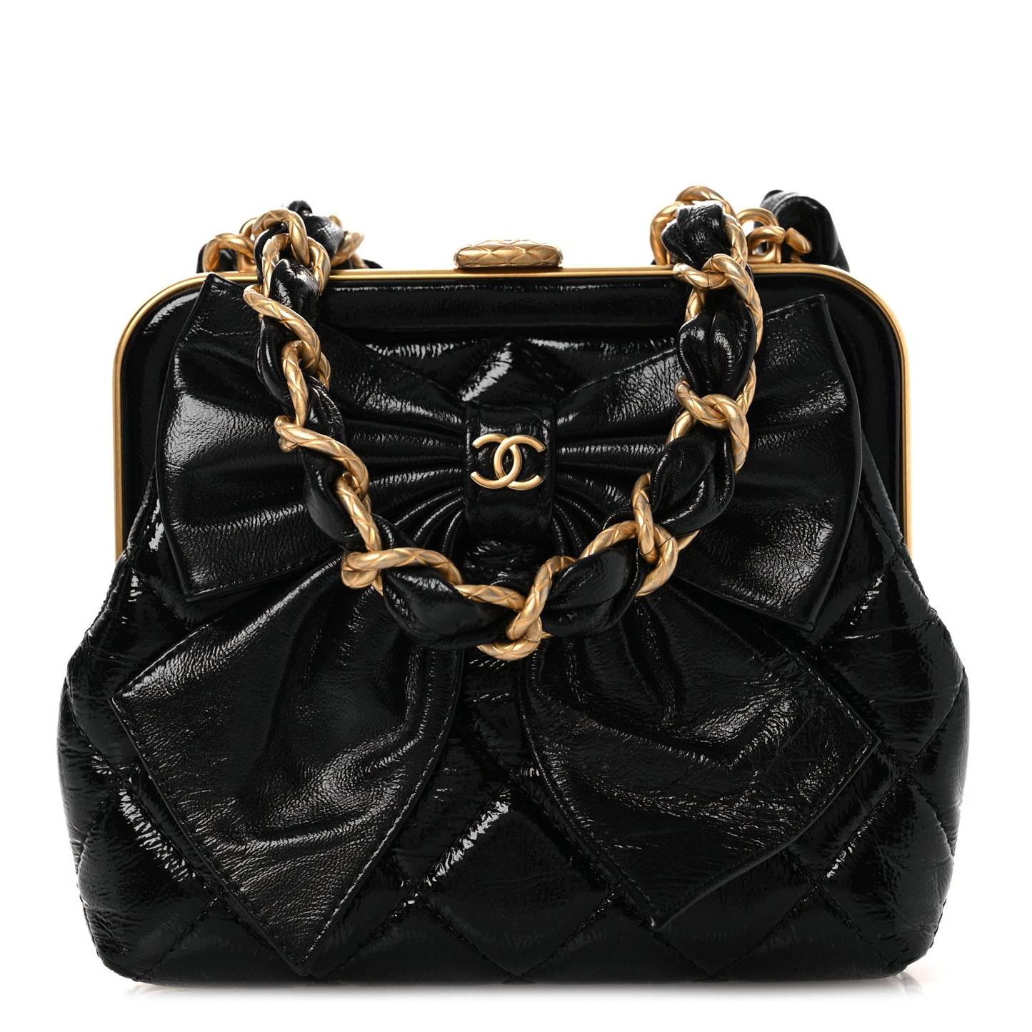 Patent Crumpled Lambskin Quilted Maxi Bow Clutch With Chain Black