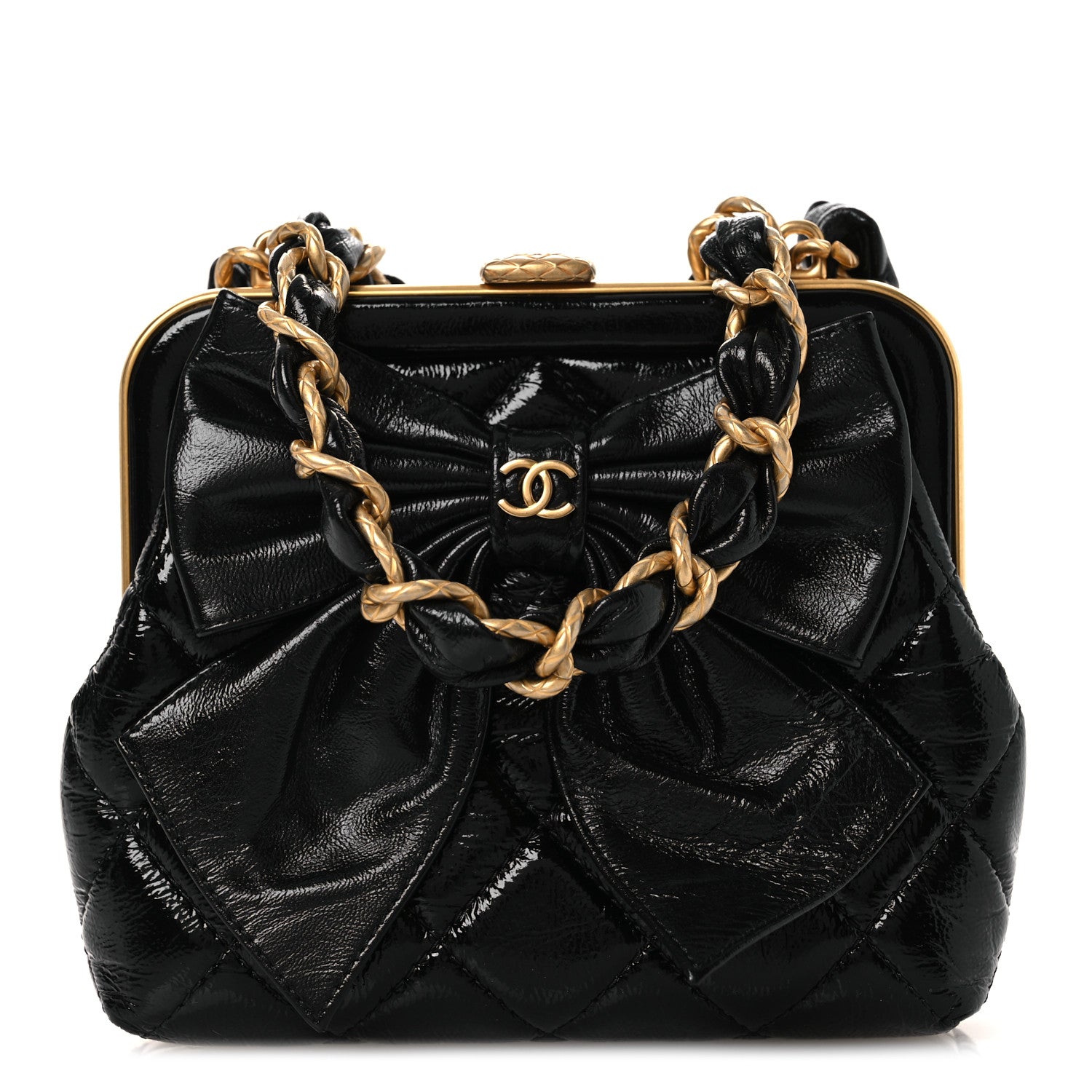 Chanel Patent Crumpled Lambskin Quilted Maxi Bow Clutch With Chain Black 8 of 11