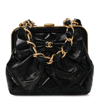 Chanel Patent Crumpled Lambskin Quilted Maxi Bow Clutch With Chain Black 8 of 11