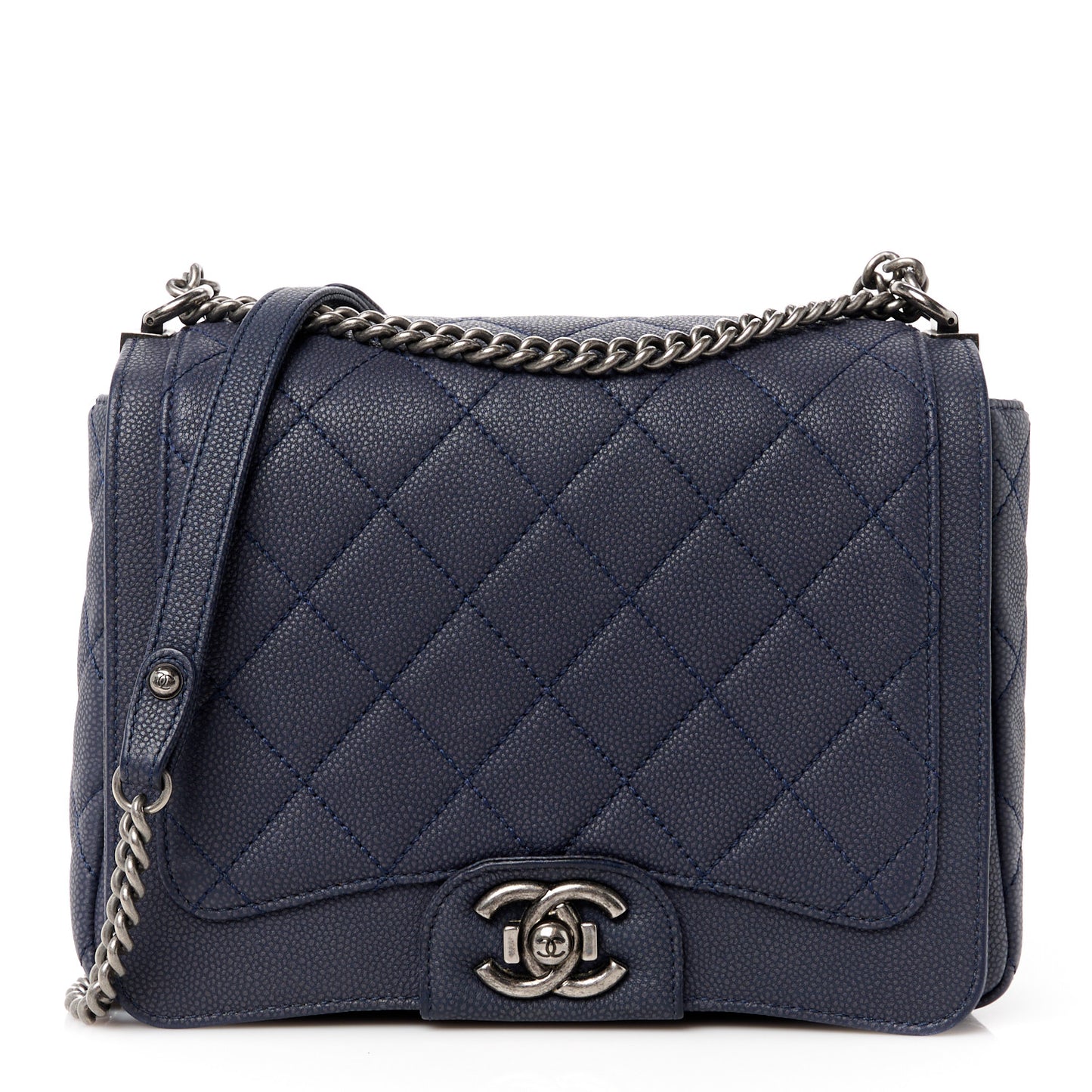 Washed Caviar Quilted Small Square Turn Around Ligne Flap Navy