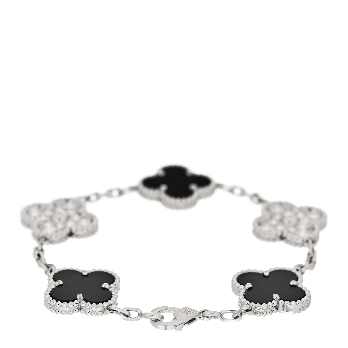 18K White Gold Diamond Black Onyx 5 Motifs Vintage Alhambra Bracelet