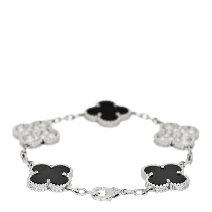 Van Cleef & Arpels 18K White Gold Diamond Black Onyx 5 Motifs Vintage Alhambra Bracelet 2 of 6