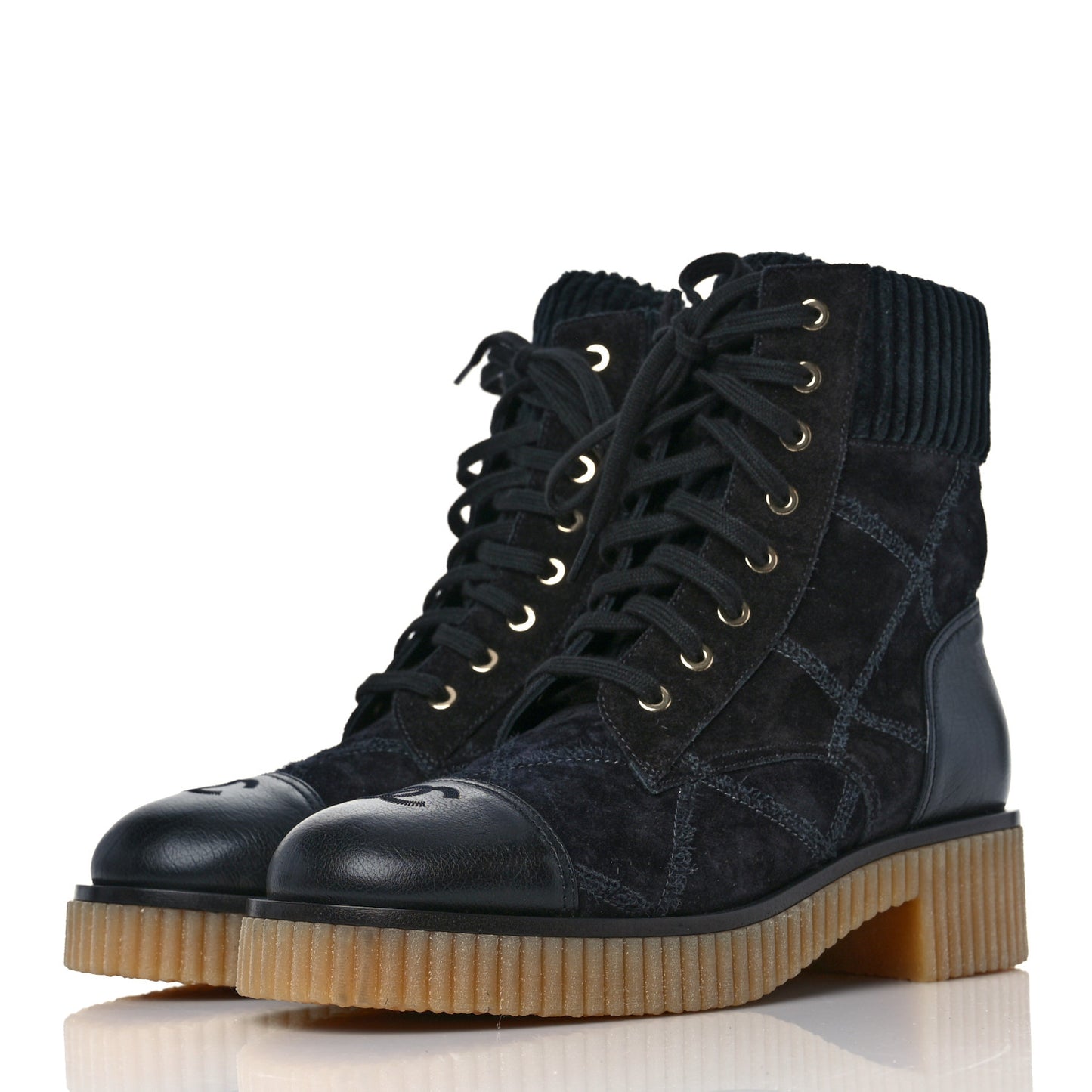 Suede Calfskin Velvet Quilted CC Combat Boots 38.5 Black