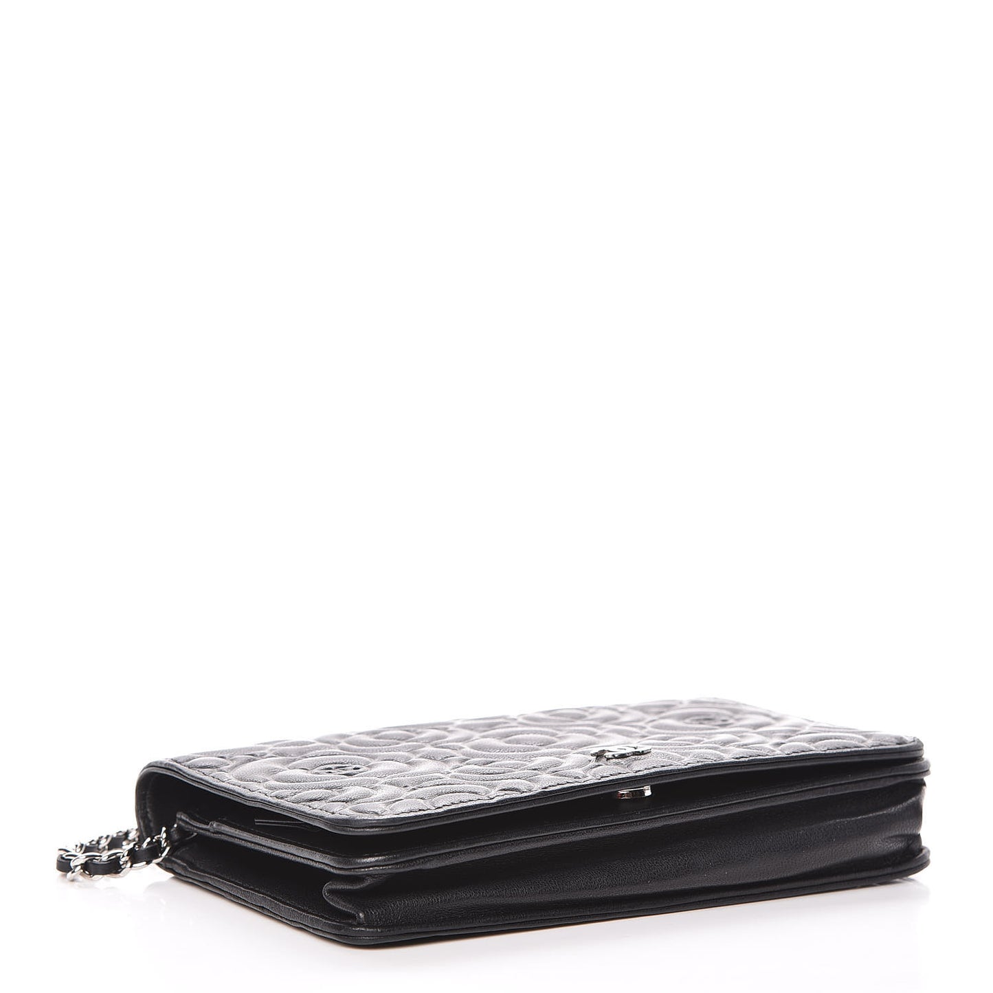 Lambskin Camellia Embossed Wallet On Chain WOC Black