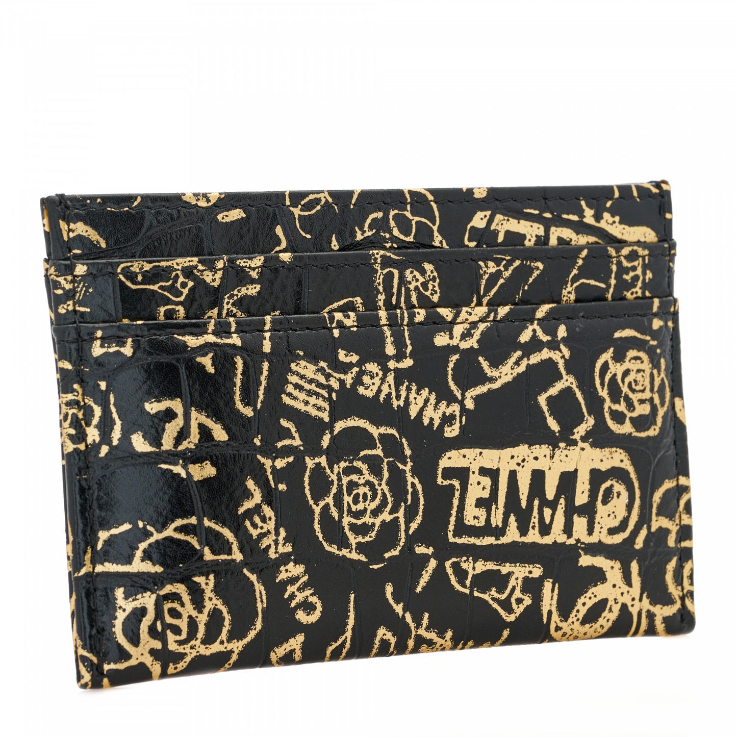 Calfskin Crocodile Embossed Graffiti 2.55 Cocodile Reissue Card Holder Black Gold