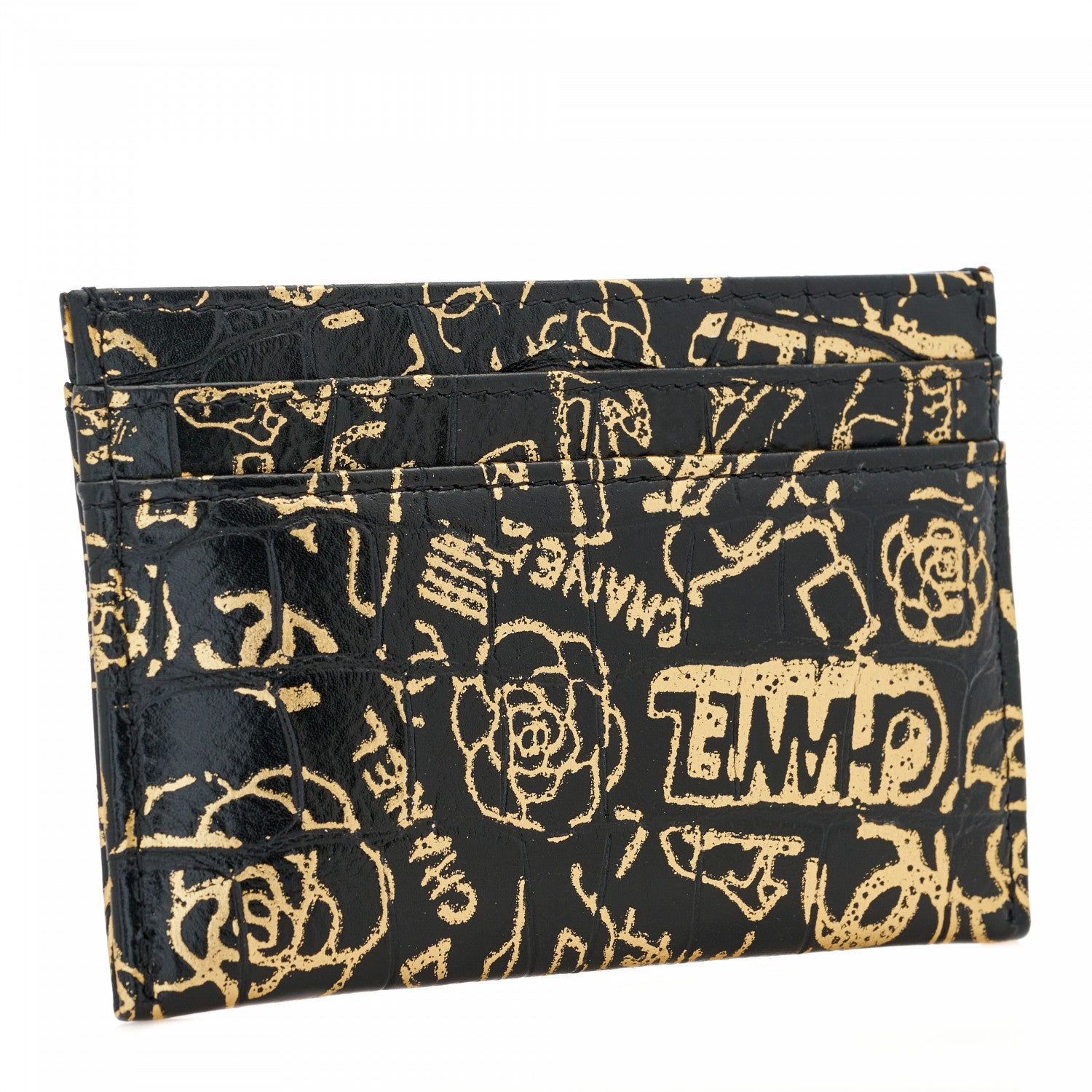 Chanel Calfskin Crocodile Embossed Graffiti 2.55 Cocodile Reissue Card Holder Black Gold 2 of 9