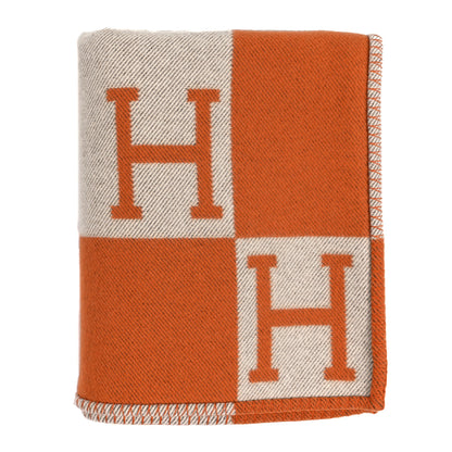 Hermes Wool Cashmere Signature Classic Avalon Blanket Ecru Potiron 1 of 3