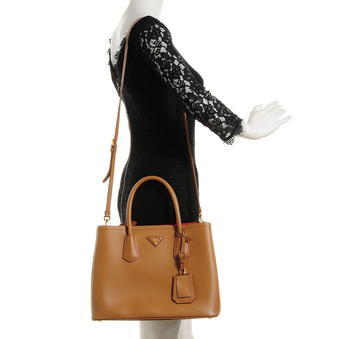 Saffiano Cuir Medium Double Bag Caramel