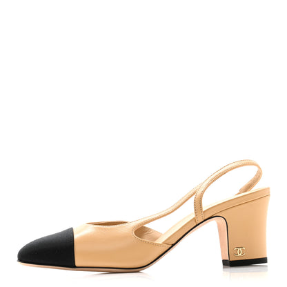 Chanel Goatskin Grosgrain Cap Toe CC Slingback Pumps 36.5 Beige Black 1 of 10