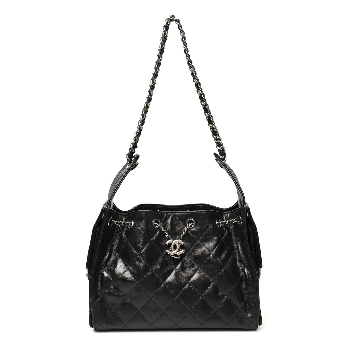 Shiny Crumpled Calfskin Quilted Small Chanel 25 Handbag Black