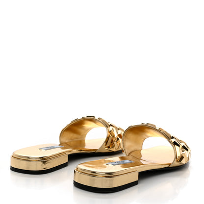Prada Metallic Calfskin Metal Studded Triangle Logo 10mm Slide Sandals 38.5 Platino 4 of 7