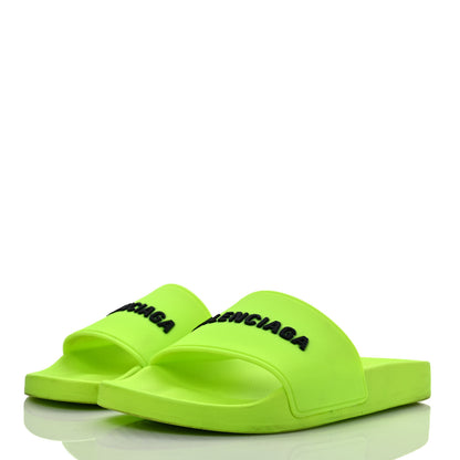 Balenciaga Smooth Rubber Logo Bi-Color Womens Pool Slide Sandals 38 Fluo Yellow Black 3 of 8
