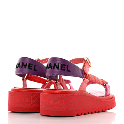 Chanel Lambskin Logo Platform Sandals 38 Red Purple Orange 4 of 9