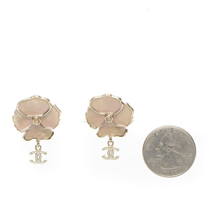 Chanel Enamel Crystal CC Camellia Drop Clip On Earrings Pink Gold 2 of 4