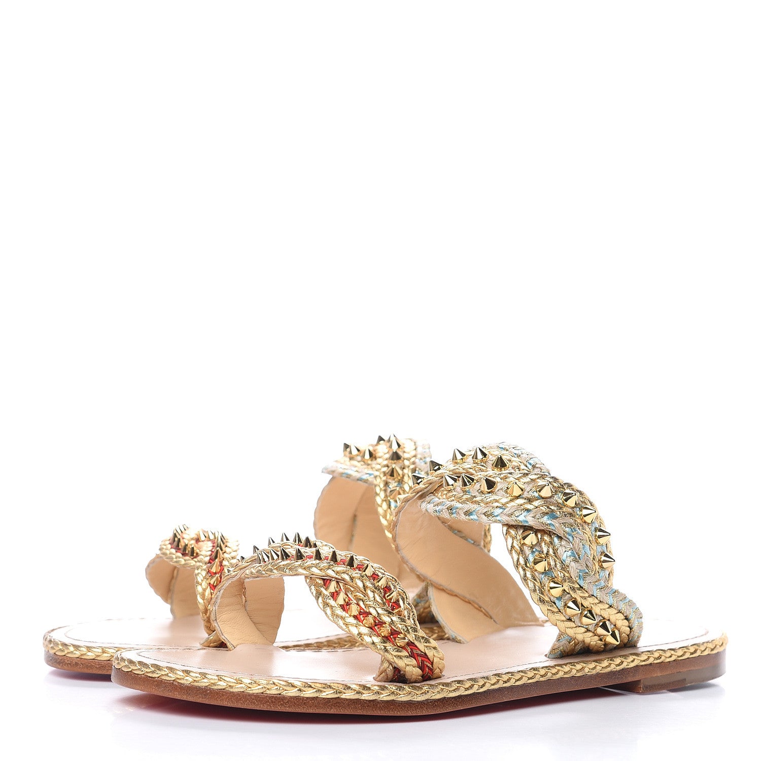 Christian Louboutin Calfskin Braided Normandie Flat Slide Sandals 38 Gold 3 of 9