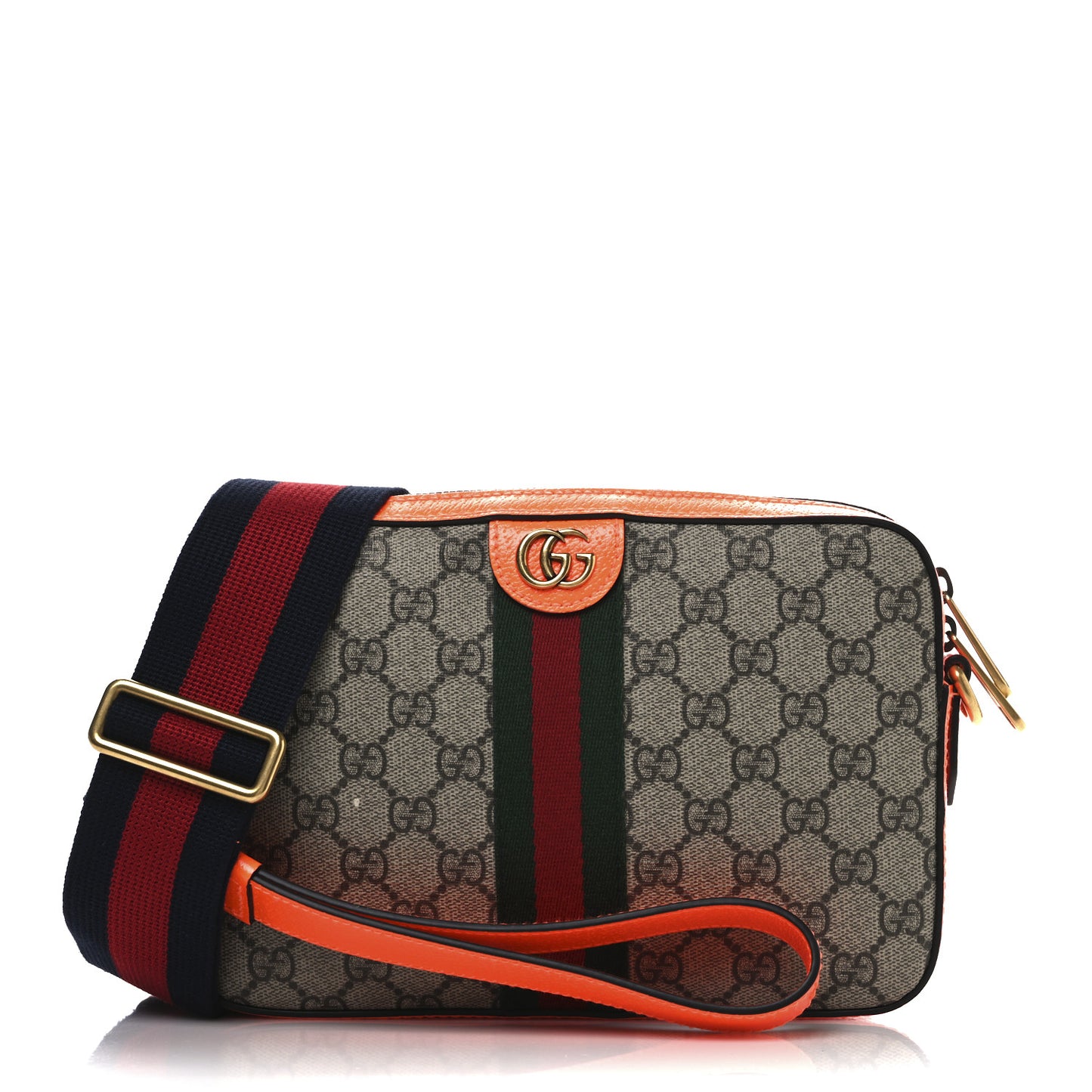 GG Supreme Monogram Textured Dollar Calfskin Web Ophidia Wristlet Shoulder Bag Beige Ebony Orange