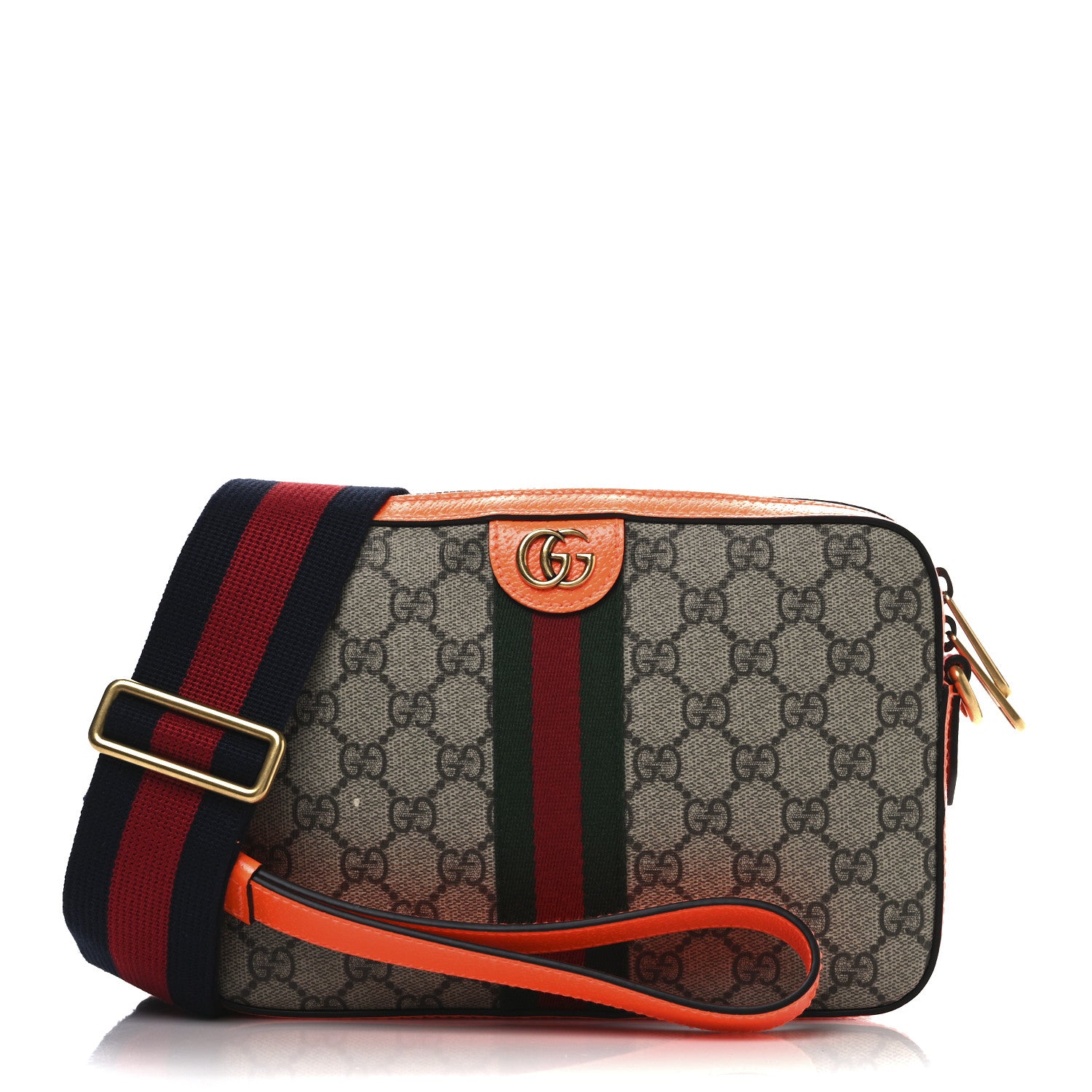 Gucci GG Supreme Monogram Textured Dollar Calfskin Web Ophidia Wristlet Shoulder Bag Beige Ebony Orange 1 of 12