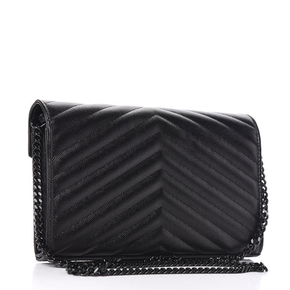 Saint Laurent Grain De Poudre Matelasse Chevron Monogram Chain Wallet Black 3 of 11