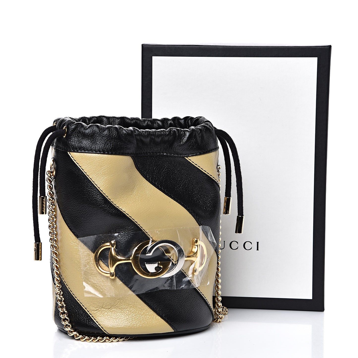 Calfskin Diagonal Striped Mini Zumi Bucket Bag Black Beige