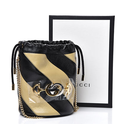 Gucci Calfskin Diagonal Striped Mini Zumi Bucket Bag Black Beige 7 of 7