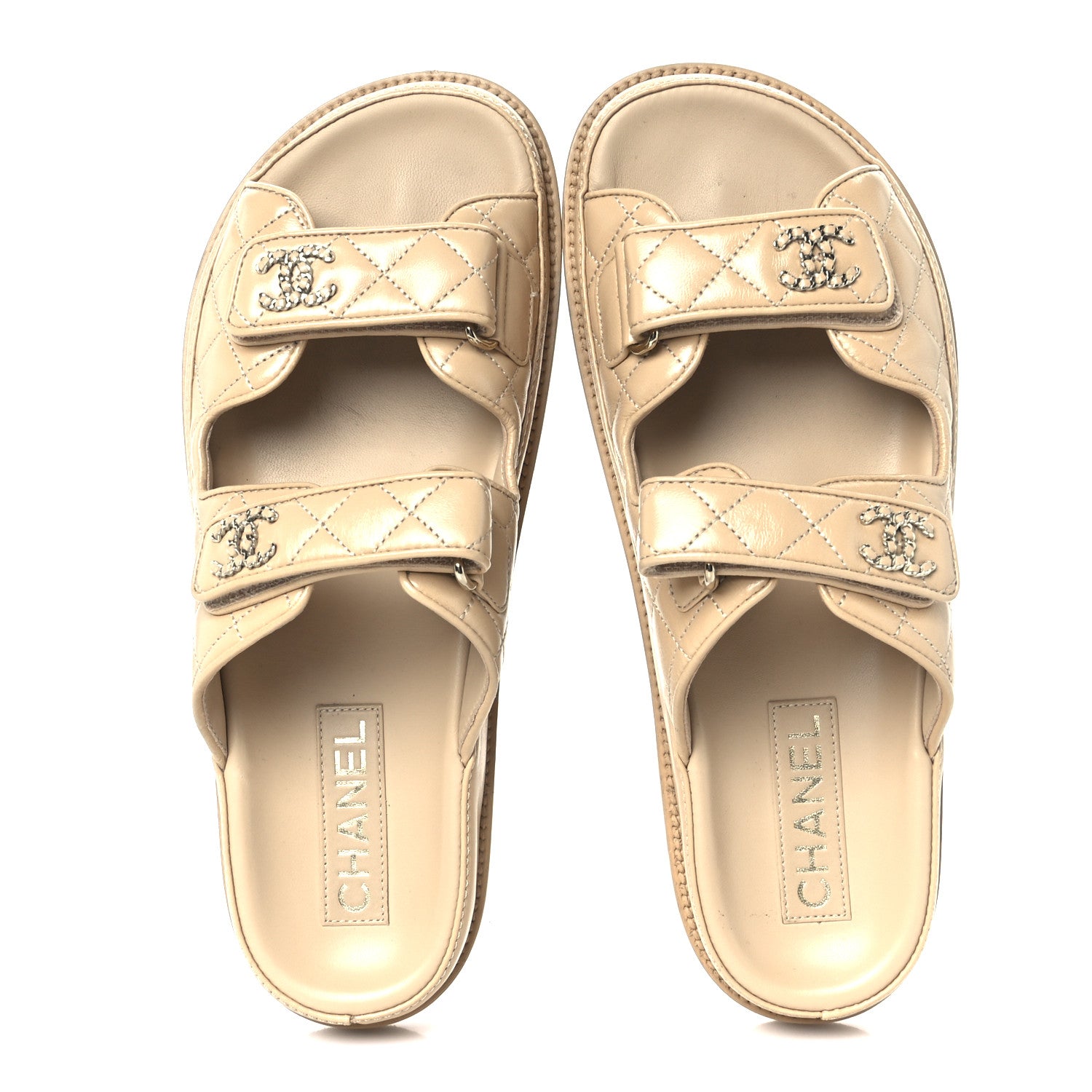 Chanel Lambskin Quilted Velcro Dad Chain CC Slide Sandals 39.5 Beige 2 of 9