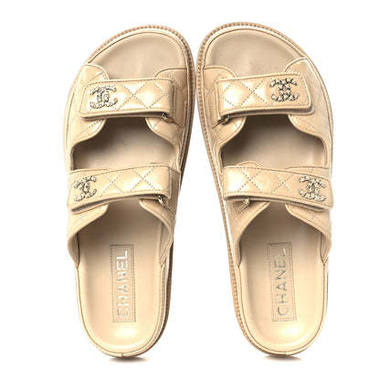 Chanel Lambskin Quilted Velcro Dad Chain CC Slide Sandals 39.5 Beige 2 of 9