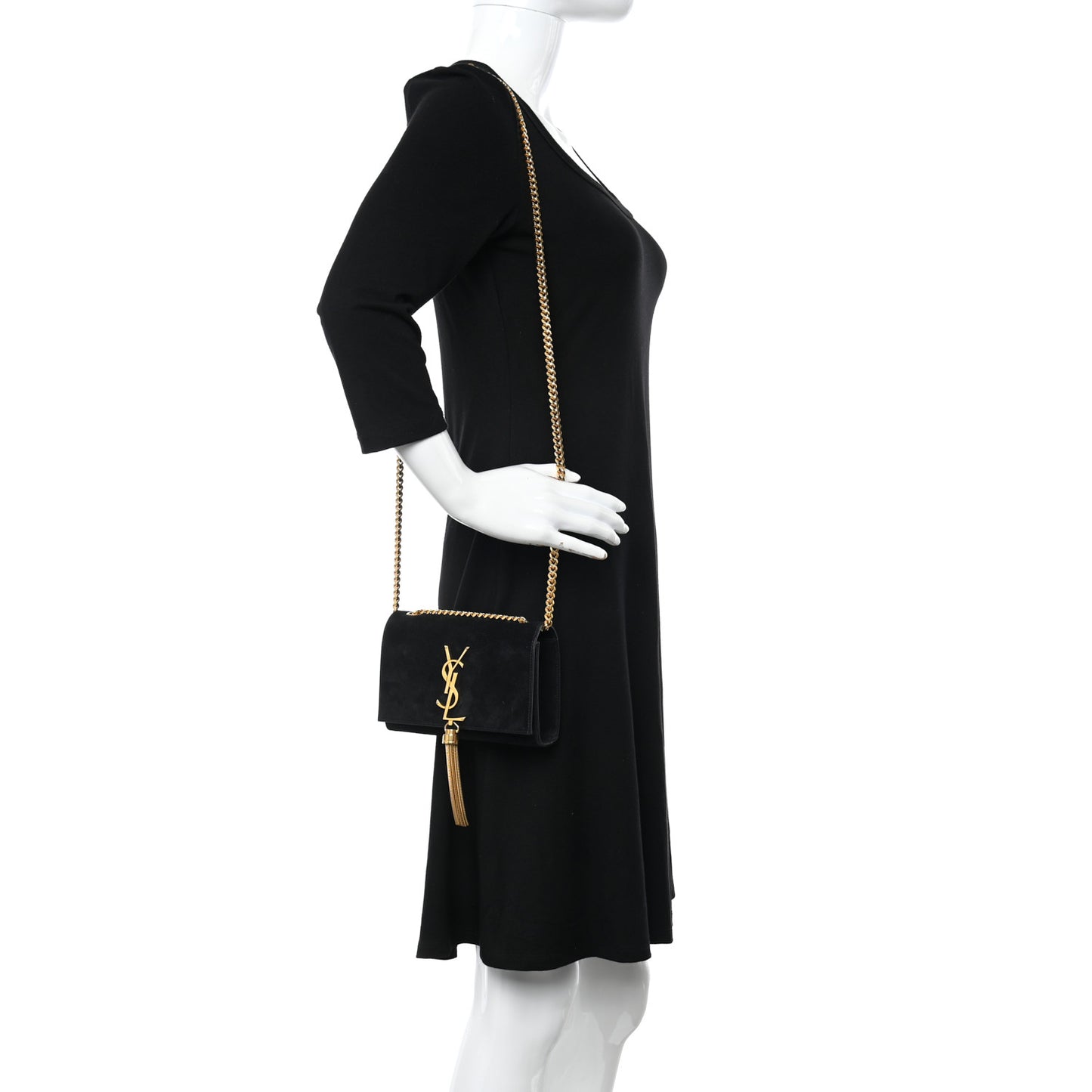 Suede Small Classic Monogram Kate Tassel Satchel Black