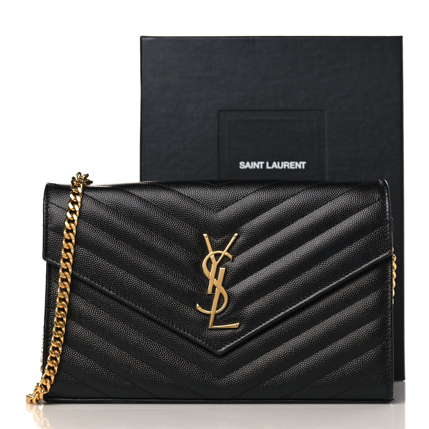 Saint Laurent Grain De Poudre Matelasse Chevron Monogram Chain Wallet Black 10 of 10