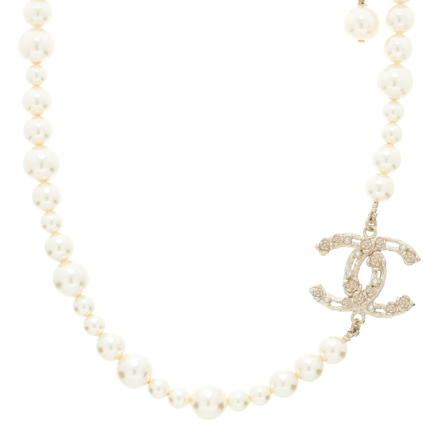 Chanel Pearl Crystal CC Camellia Short Necklace Gold 1 of 6