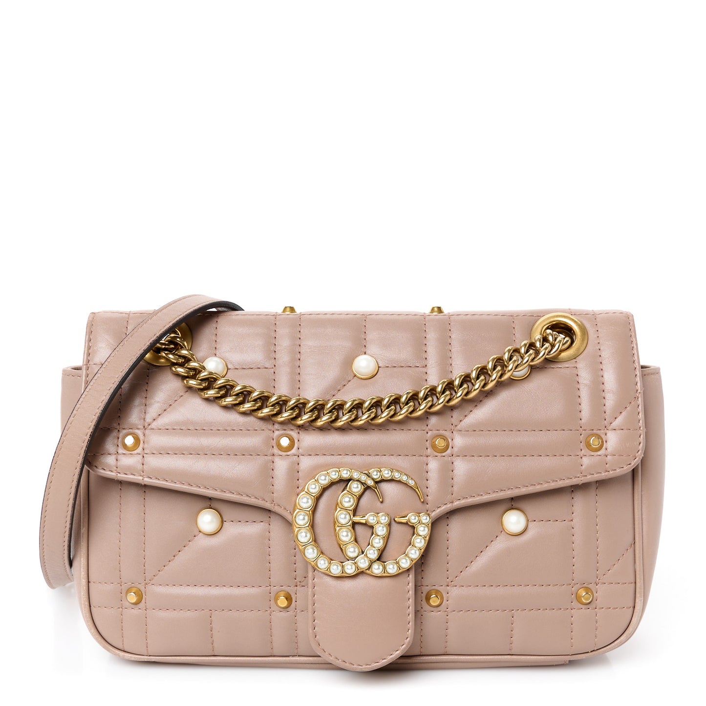 Calfskin Matelasse Studded Small Pearly GG Marmont Shoulder Bag Porcelain Rose