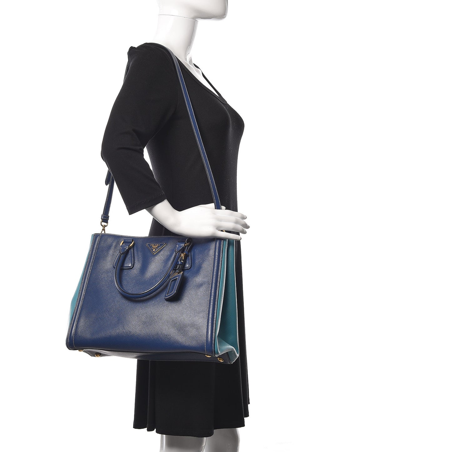 Saffiano Lux Bi-Color Small Tote Bluette Turchese