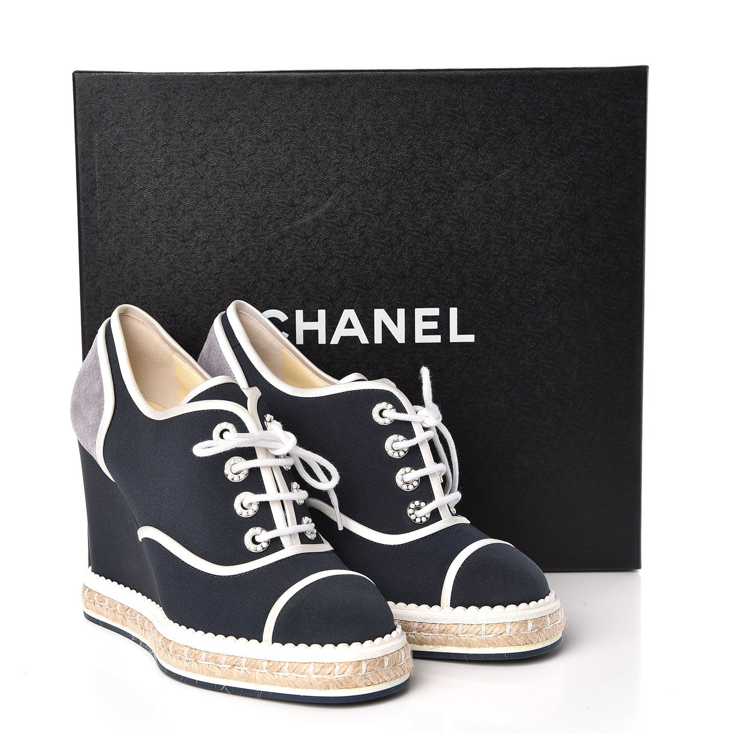 Silk Crepe Suede Calfskin Lace Up Wedge Espadrilles 36.5 Navy Grey