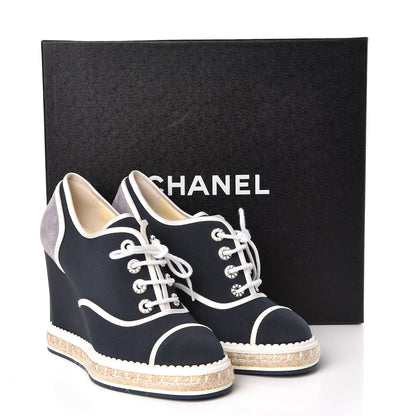 Chanel Silk Crepe Suede Calfskin Lace Up Wedge Espadrilles 36.5 Navy Grey 8 of 8