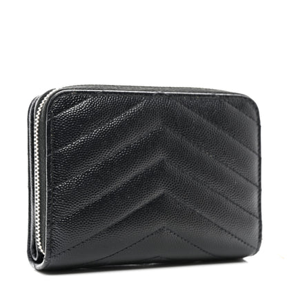 Saint Laurent Grain De Poudre Matelasse Chevron Monogram Compact Zip Around Wallet Black 3 of 8