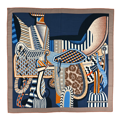 Hermes Cashmere Silk La Selle Imaginaire Shawl 140 Marron Glace Bleu 1 of 5