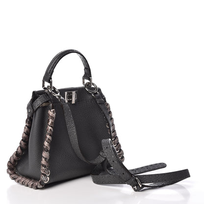Fendi Cuoio Romano Elaphe Selleria Lace Up Bi-Color Mini Peekaboo Iconic Satchel Asfalto Latte Fumo 3 of 9